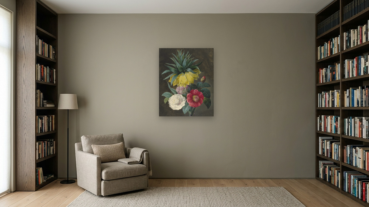Four Peonies and a Crown Imperial by Pierre Joseph Redouté, shown at 32 × 40 in (81.3 × 101.6 cm) as gallery-wrapped canvas, library