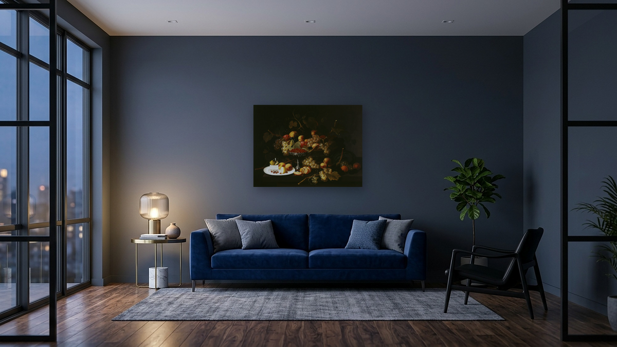 Still Life with Fruit and Sliced Lemon by Severin Roesen, shown at 30 × 40 in (76.2 × 101.6 cm) as gallery-wrapped canvas, den