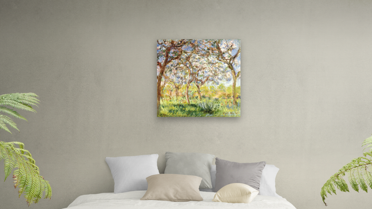 Spring at Giverny by Claude Monet, shown at 32 × 32 in (81.3 × 81.3 cm) as gallery-wrapped canvas, bedroom