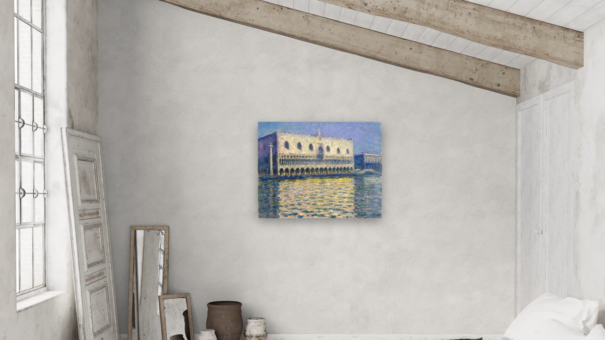 The Doge’s Palace by Claude Monet, shown at 32 × 40 in (81.3 × 101.6 cm) as gallery-wrapped canvas, bedroom