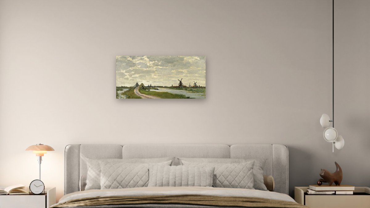 Windmills Near Zaandam by Claude Monet, shown at 20 × 40 in (50.8 × 101.6 cm) as gallery-wrapped canvas, bedroom