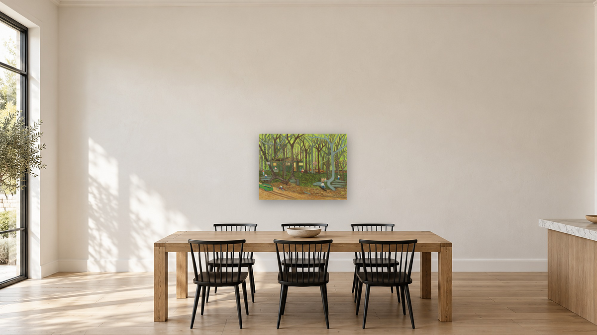 Cabin in the Woods by Ralph Fasanella, shown at 30 × 40 in (76.2 × 101.6 cm) as gallery-wrapped canvas, kitchen
