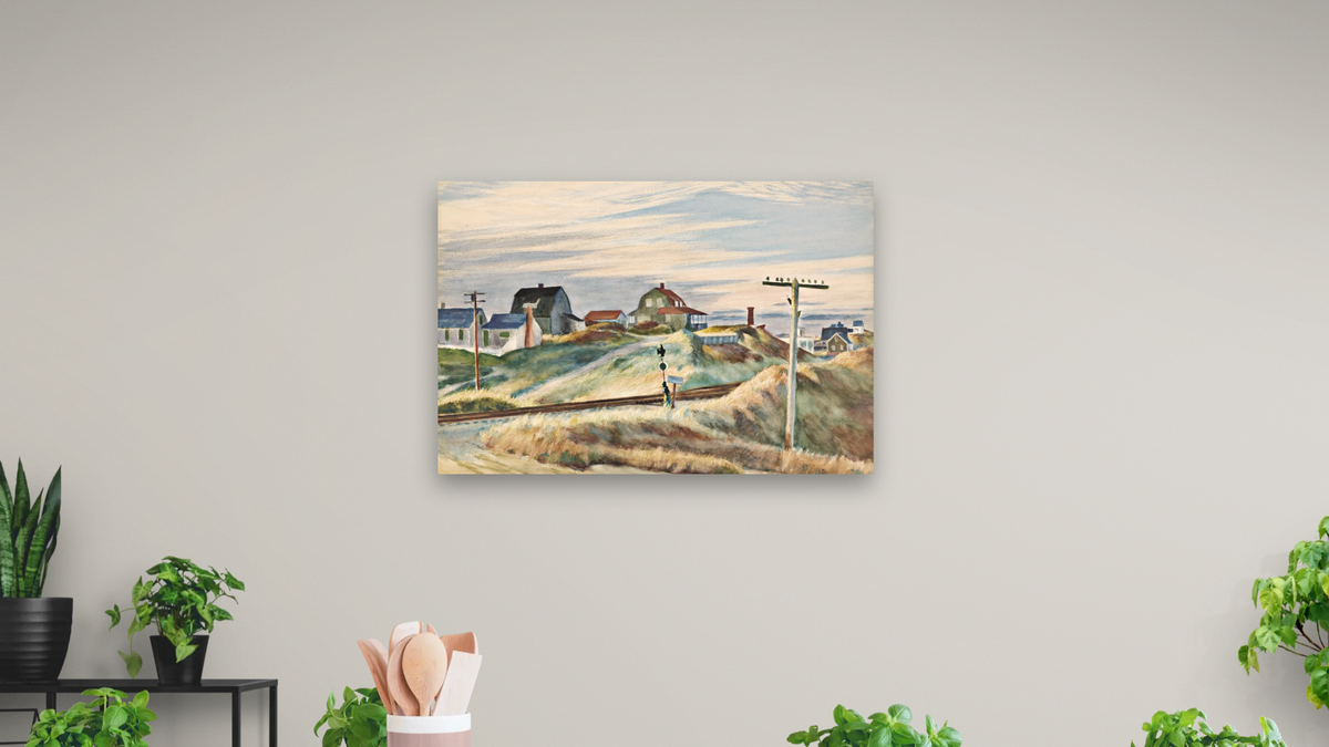 Cottages at North Truro by Edward Hopper, shown at 28 × 42 in (71.1 × 106.7 cm) as gallery-wrapped canvas, dining