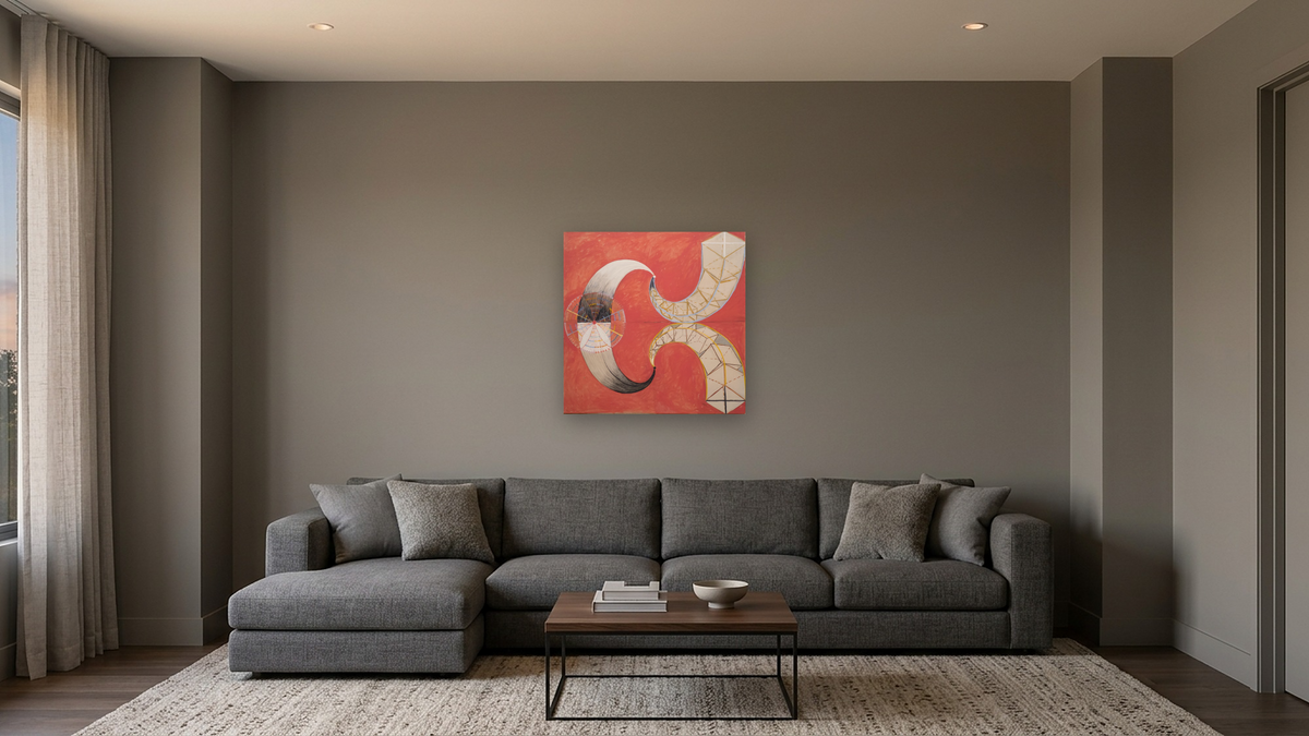 Group IX/SUW, No. 9, The Swan by Hilma af Klint, shown at 32 × 32 in (81.3 × 81.3 cm) as gallery-wrapped canvas, media room