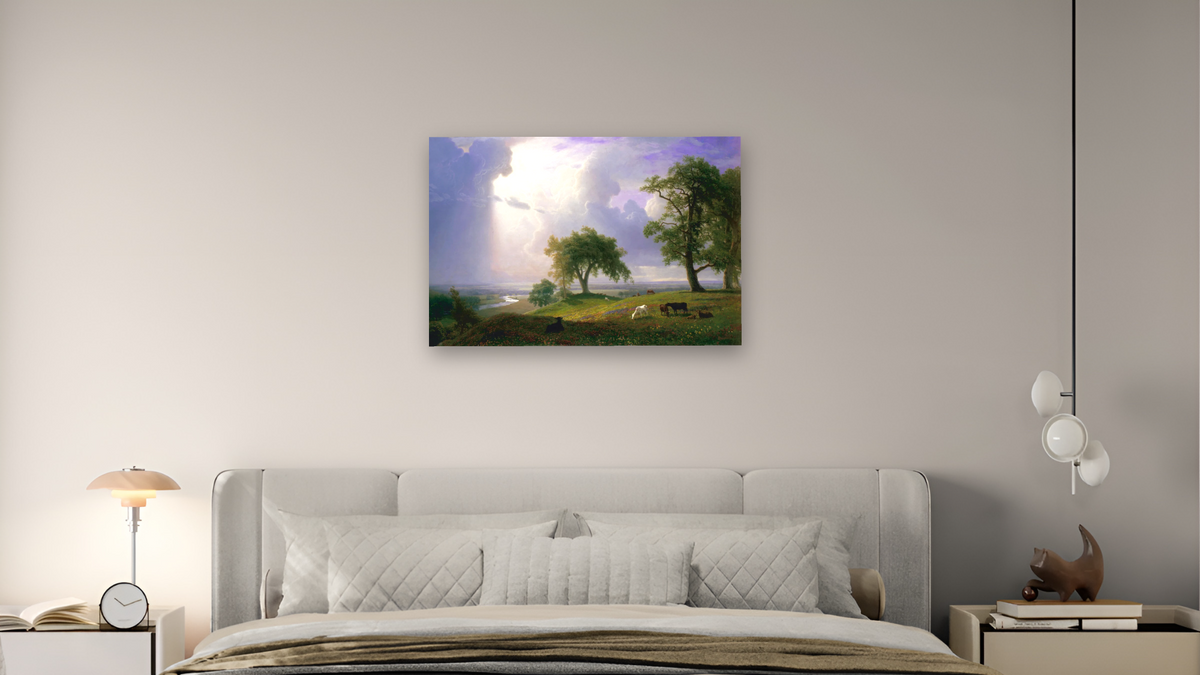 California Spring by Albert Bierstadt, shown at 28 × 42 in (71.1 × 106.7 cm) as gallery-wrapped canvas, bedroom