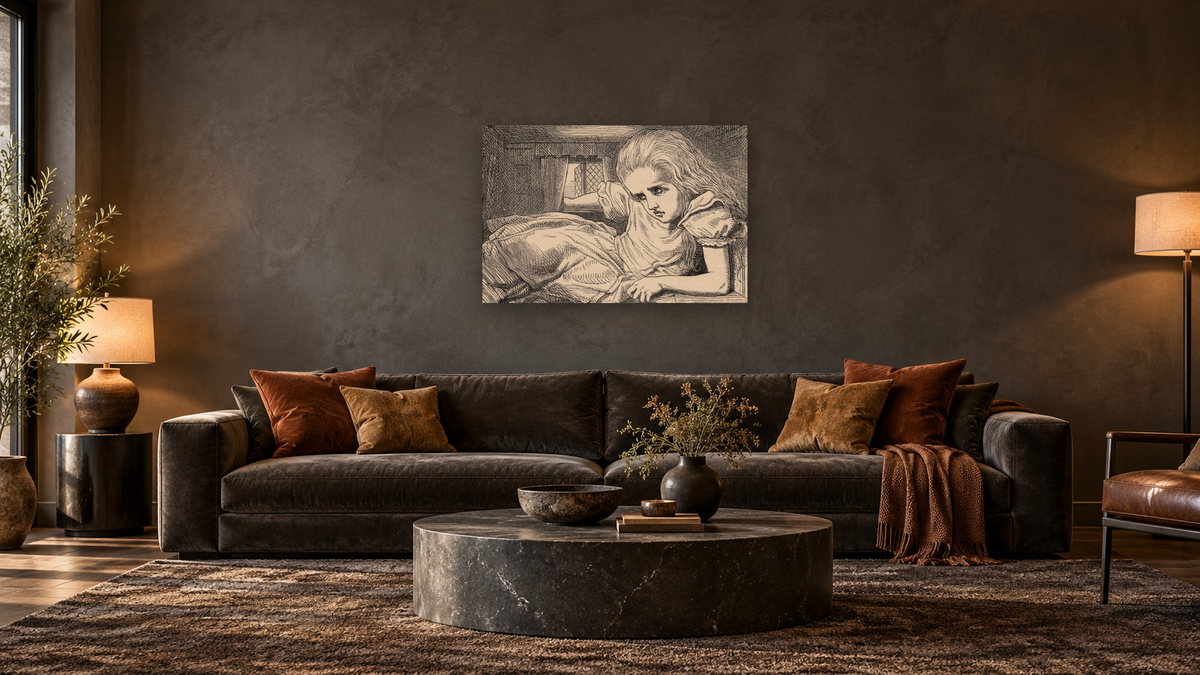 Alice grows too tall for the room, from 'Alice's Adventures in Wonderland' by Lewis Carroll by John Tenniel, shown at 28 × 42 in (71.1 × 106.7 cm) as gallery-wrapped canvas, den