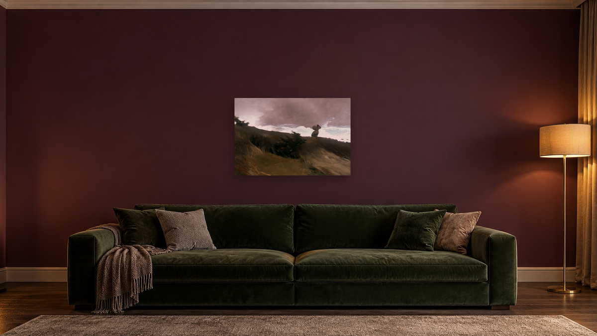 The West Wind by Winslow Homer, shown at 28 × 42 in (71.1 × 106.7 cm) as gallery-wrapped canvas, den