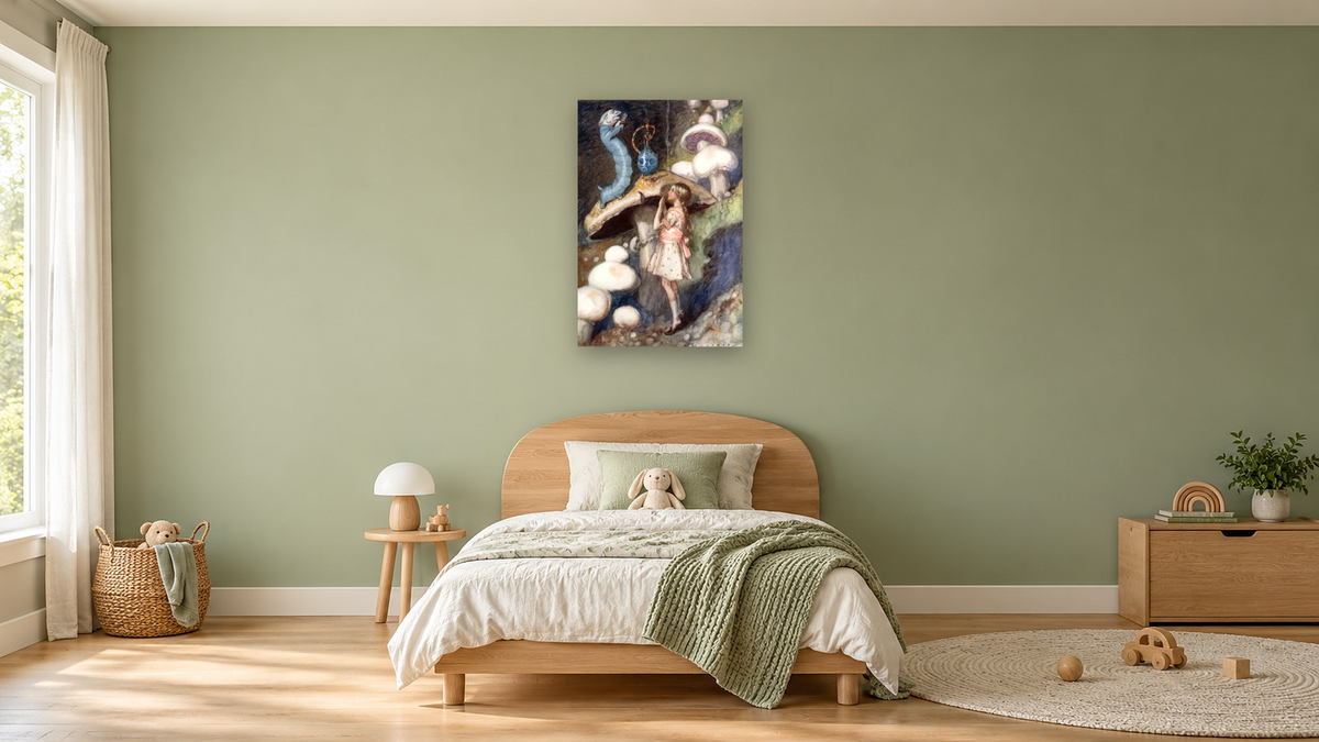 Alice in Wonderland: Alice talking to the Caterpillar by Albert Edward Jackson, shown at 28 × 42 in (71.1 × 106.7 cm) as gallery-wrapped canvas, kids' room