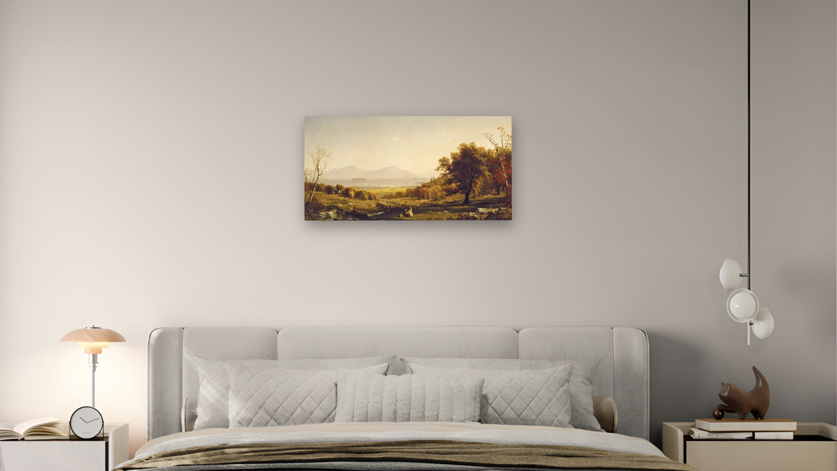 Lake George from Bolton's Landing by Alfred Thompson Bricher, shown at 20 × 40 in (50.8 × 101.6 cm) as gallery-wrapped canvas, bedroom