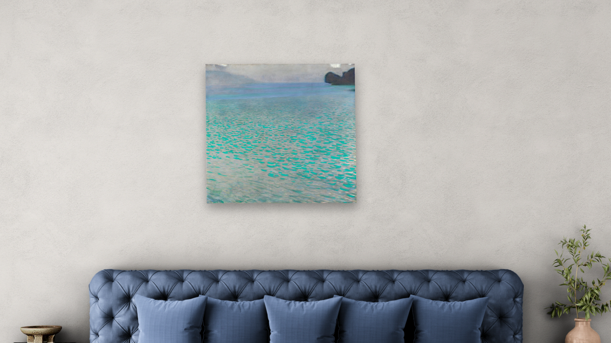 On Lake Attersee by Gustav Klimt, shown at 32 × 32 in (81.3 × 81.3 cm) as gallery-wrapped canvas, bedroom