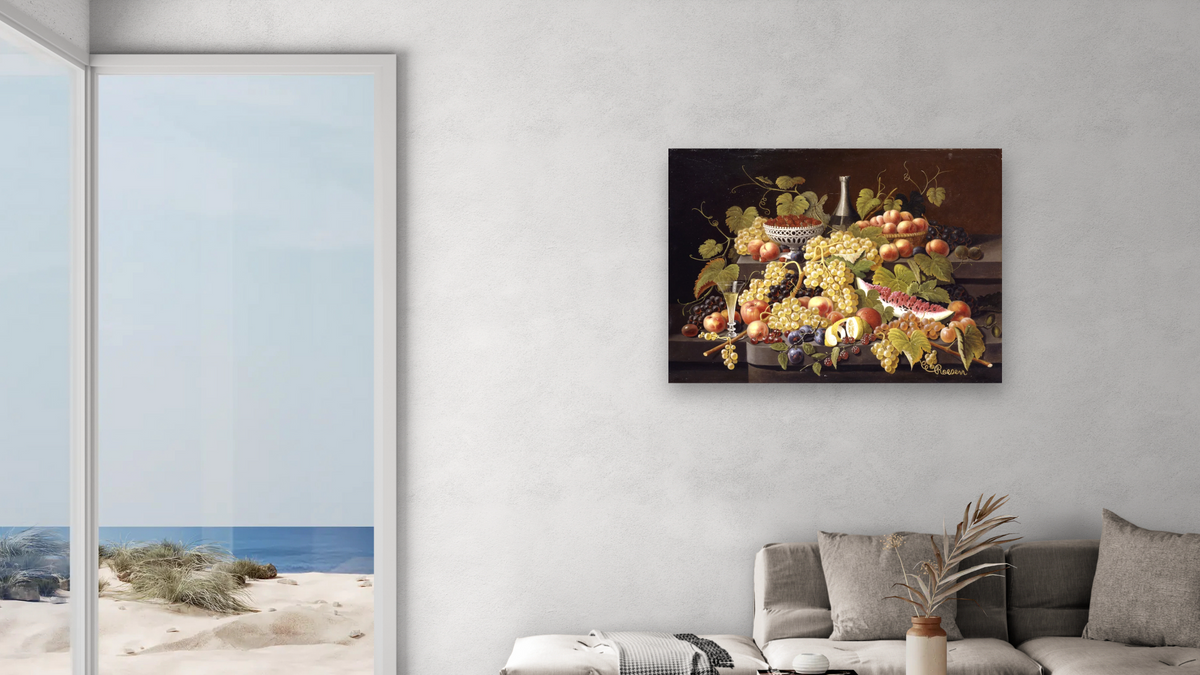 Still Life with Fruit and Champagne by Severin Roesen, shown at 30 × 40 in (76.2 × 101.6 cm) as gallery-wrapped canvas, living