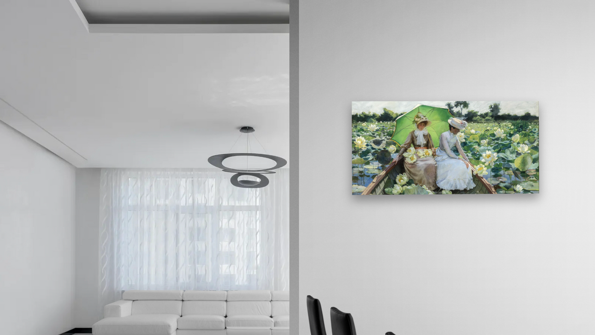 Lotus Lilies by Charles Courtney Curran, shown at 20 × 40 in (50.8 × 101.6 cm) as gallery-wrapped canvas, dining