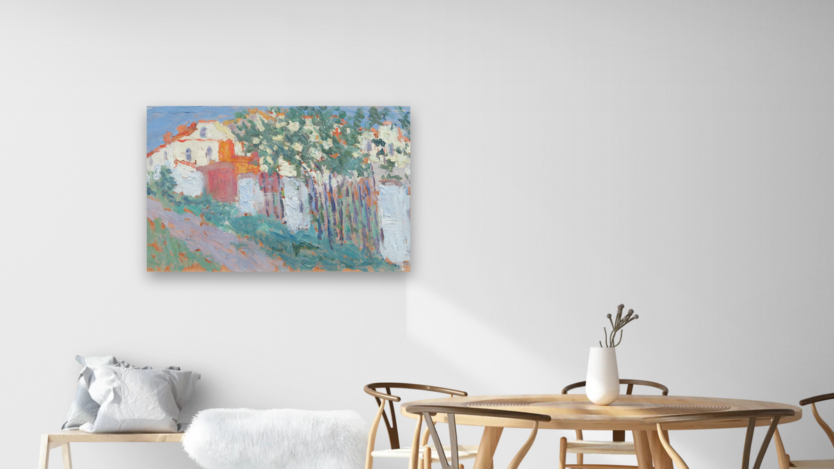 Summer (or House and Garden) by Kazimir Malevich, shown at 28 × 42 in (71.1 × 106.7 cm) as gallery-wrapped canvas, dining