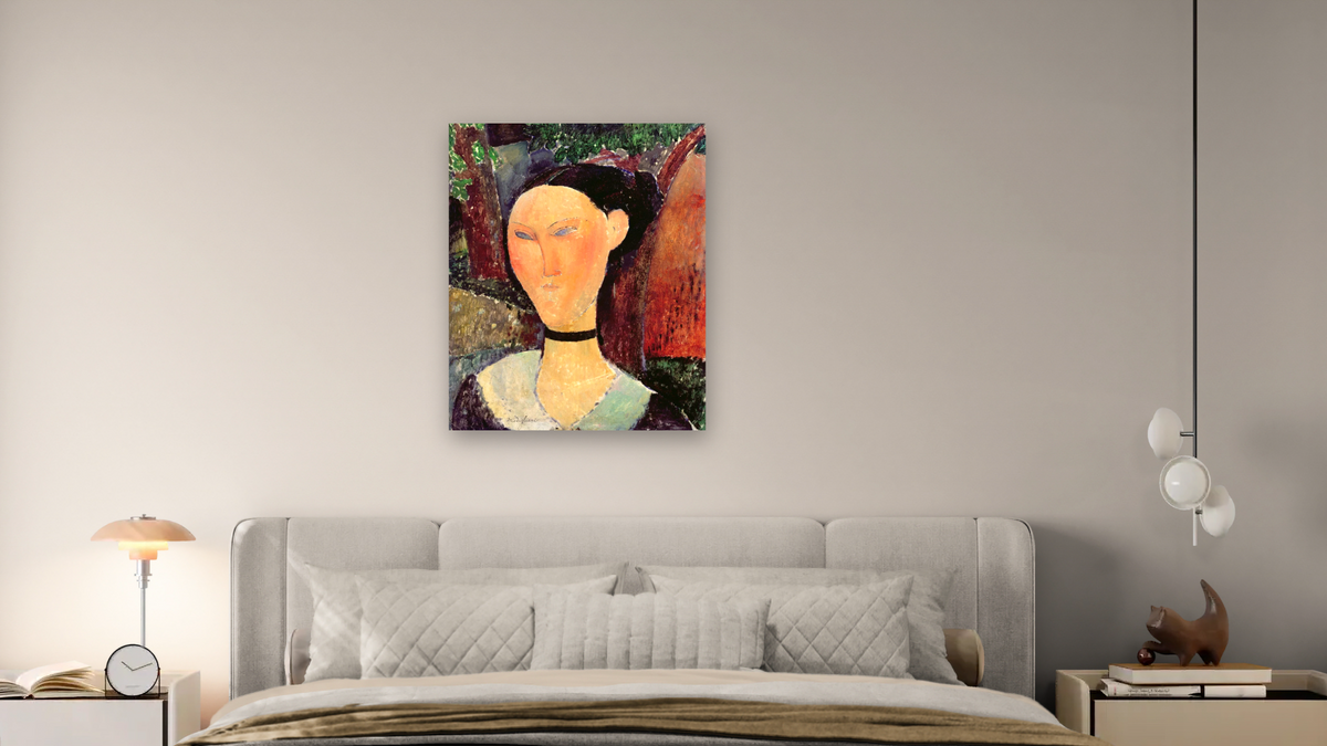 Woman with a Velvet Neckband by Amedeo Modigliani, shown at 32 × 40 in (81.3 × 101.6 cm) as gallery-wrapped canvas, bedroom