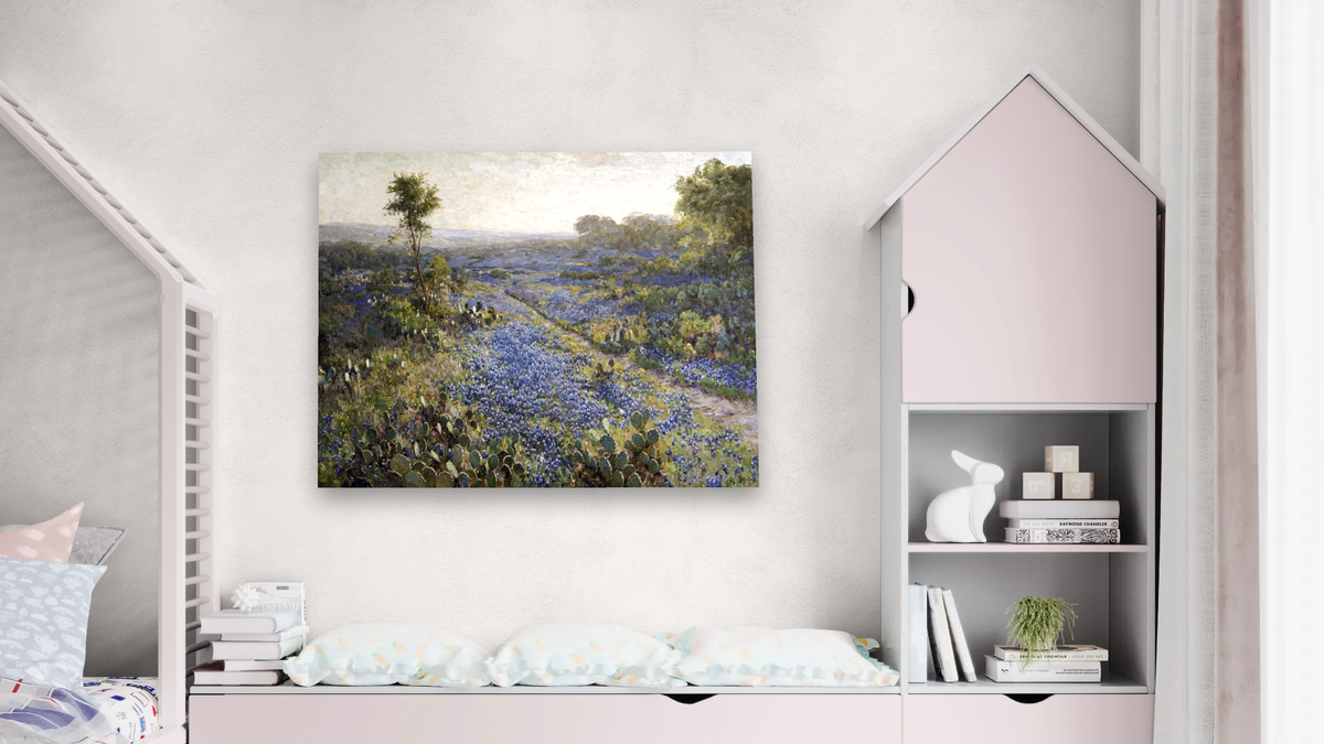 Field of Texas Bluebonnets and Prickly Pear Cacti by Julian Onderdonk, shown at 32 × 40 in (81.3 × 101.6 cm) as gallery-wrapped canvas, bedroom