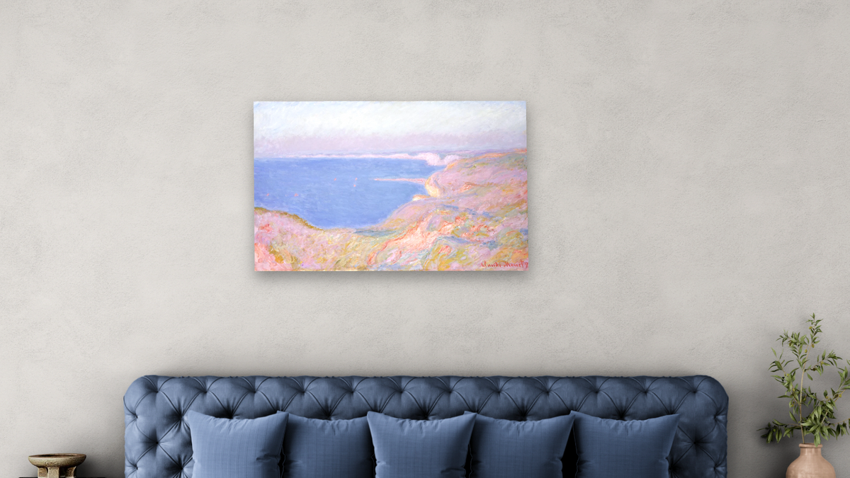 On The Cliffs Near Dieppe, Sunset by Claude Monet, shown at 28 × 42 in (71.1 × 106.7 cm) as gallery-wrapped canvas, bedroom