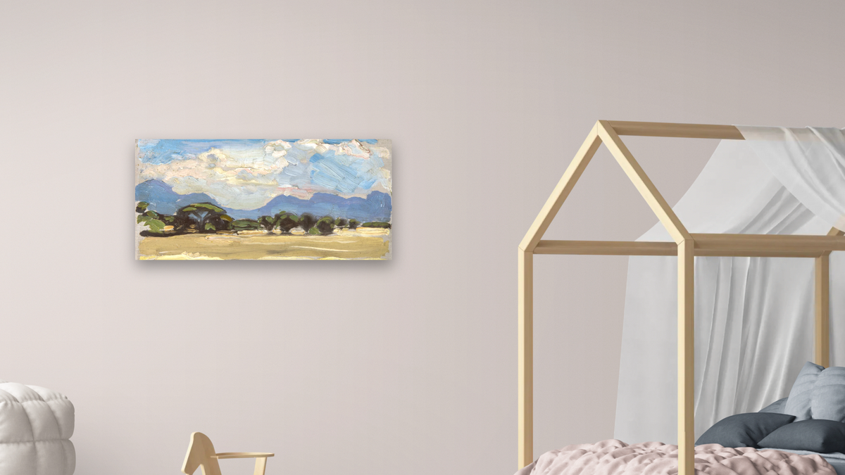 Sketch of Serengeti by Jane Peterson, shown at 20 × 40 in (50.8 × 101.6 cm) as gallery-wrapped canvas, bedroom