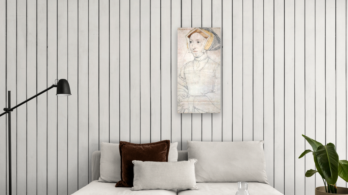 Portrait of Queen Jane Seymour by Hans Holbein the Younger, shown at 20 × 40 in (50.8 × 101.6 cm) as gallery-wrapped canvas, living