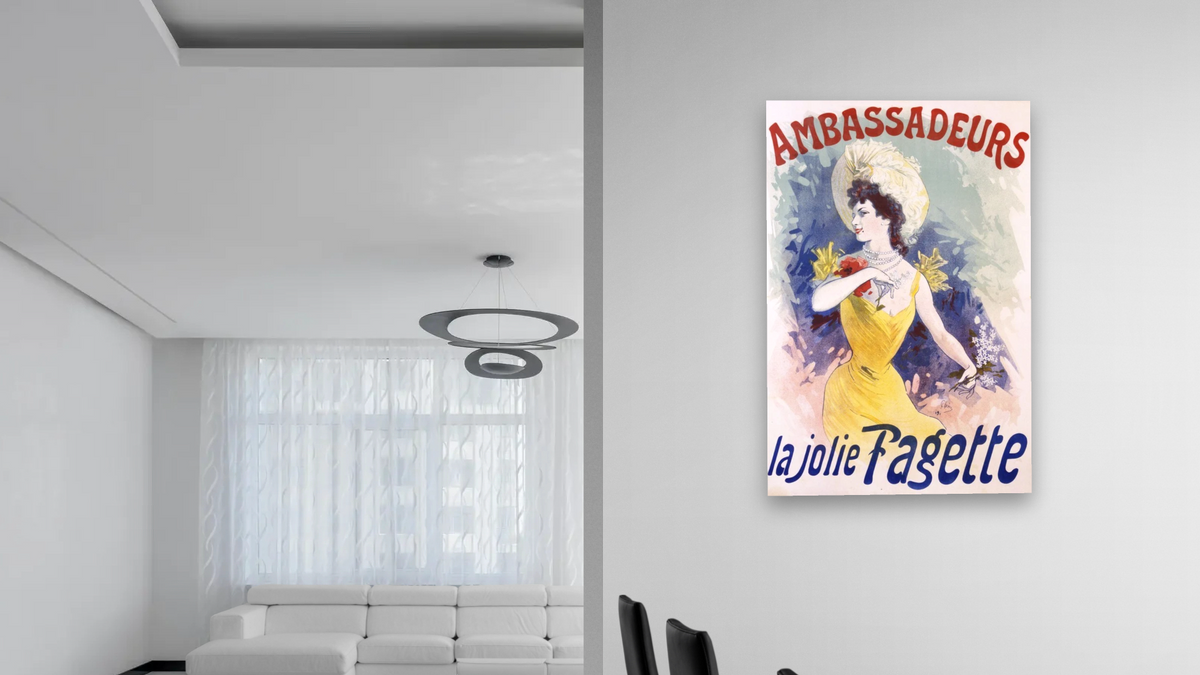 Ambassadeurs: La Jolie Fagette Poster by Jules Chéret, shown at 28 × 42 in (71.1 × 106.7 cm) as gallery-wrapped canvas, dining