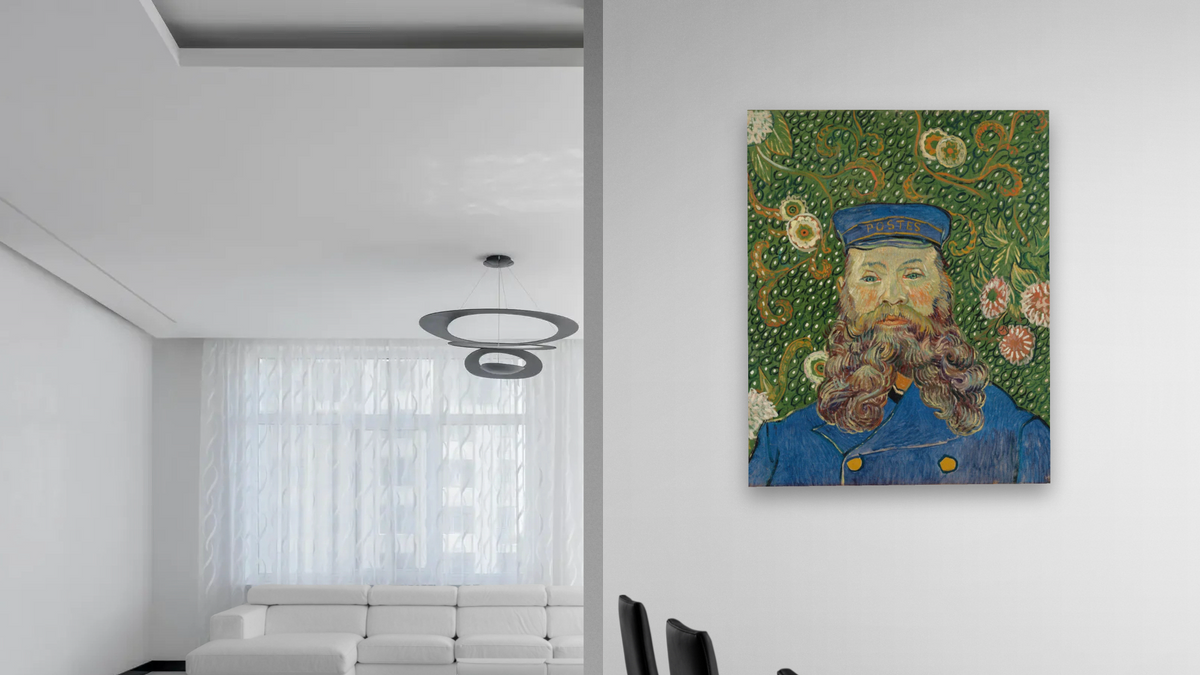 Portrait of Joseph Roulin by Vincent van Gogh, shown at 32 × 40 in (81.3 × 101.6 cm) as gallery-wrapped canvas, dining