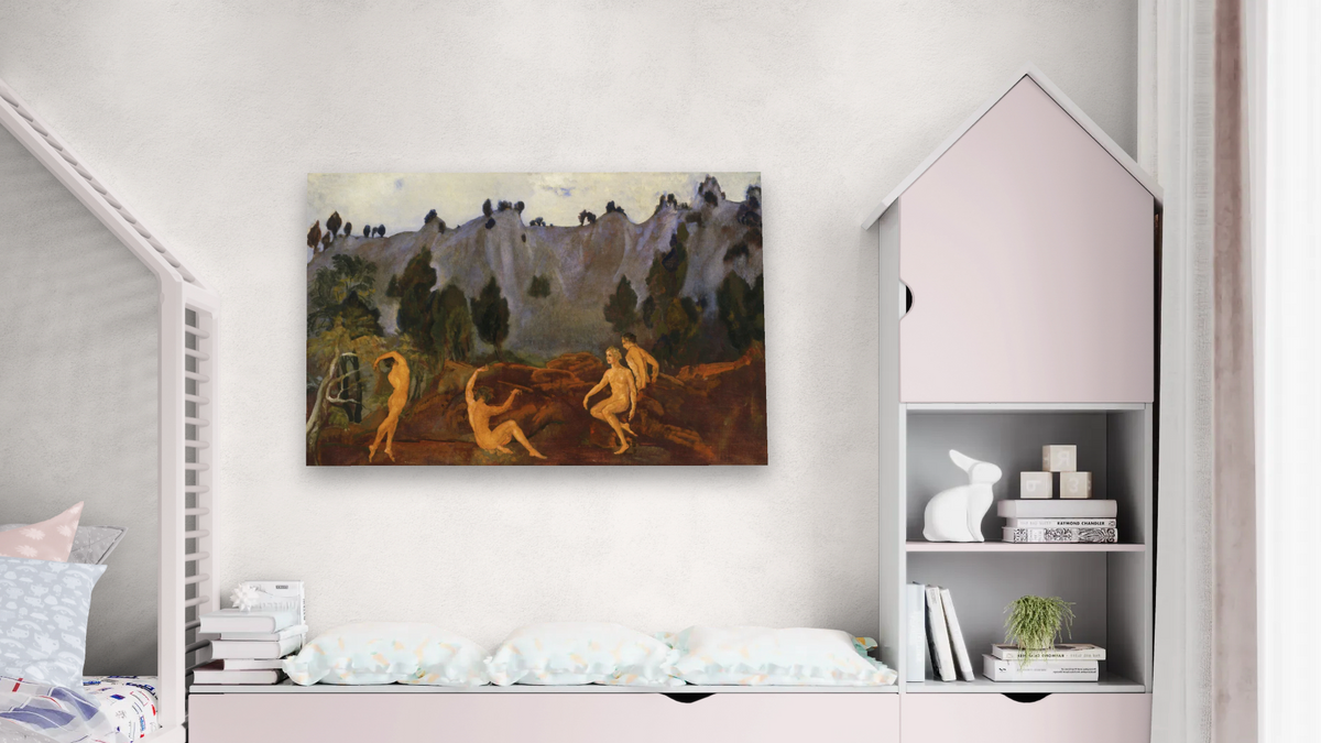 The Hesitation of Orestes by Arthur Bowen Davies, shown at 28 × 42 in (71.1 × 106.7 cm) as gallery-wrapped canvas, bedroom