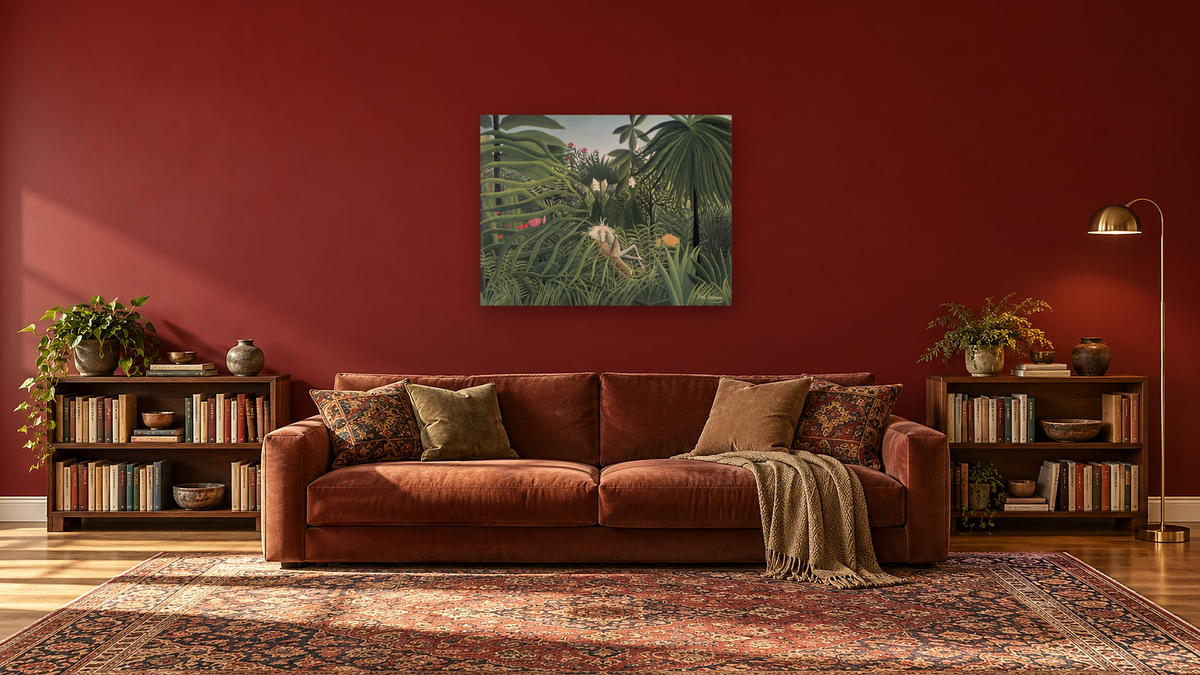 Jaguar Attacking a Horse by Henri Rousseau, shown at 30 × 40 in (76.2 × 101.6 cm) as gallery-wrapped canvas, library