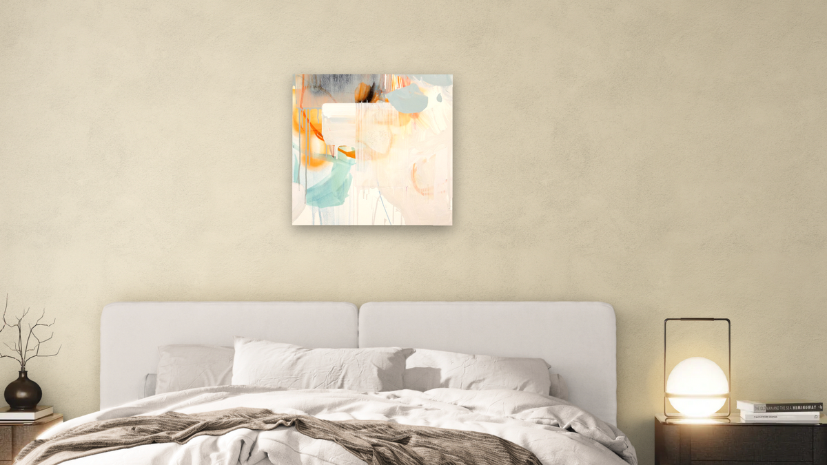 Snack 11 by Nino Yuniardi, shown at 32 × 32 in (81.3 × 81.3 cm) as gallery-wrapped canvas, bedroom