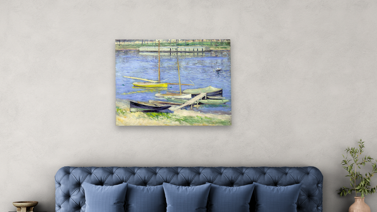 Boats Moored at Argenteuil by Gustave Caillebotte, shown at 32 × 40 in (81.3 × 101.6 cm) as gallery-wrapped canvas, bedroom