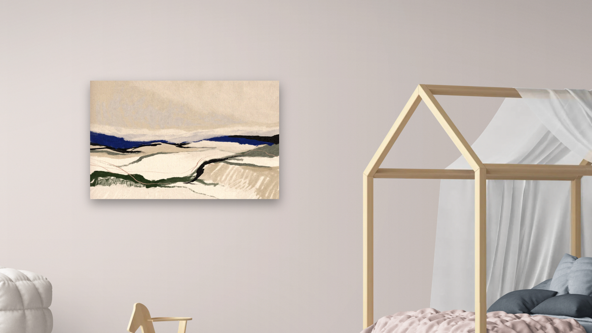 Beach Track by Dan Hobday, shown at 28 × 42 in (71.1 × 106.7 cm) as gallery-wrapped canvas, bedroom