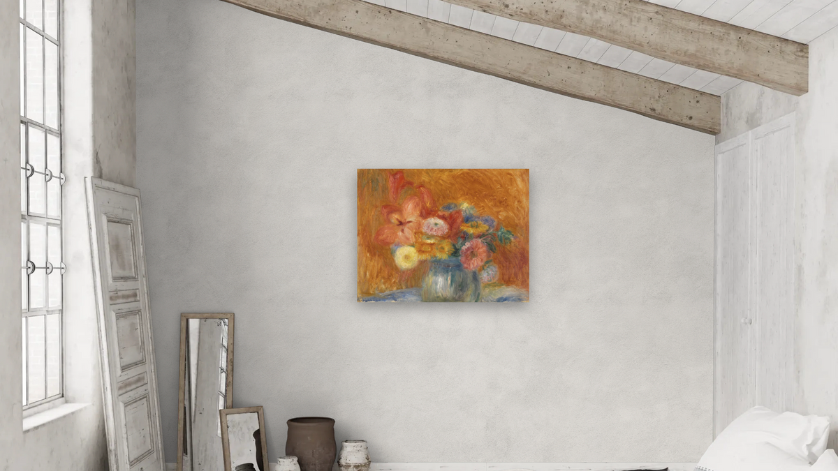 Green Bowl of Flowers by William Glackens, shown at 32 × 40 in (81.3 × 101.6 cm) as gallery-wrapped canvas, bedroom