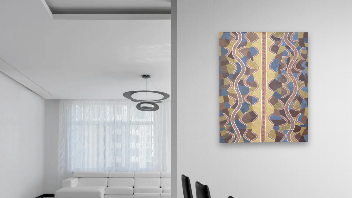 Budgerigar Dreaming by Paddy Carroll Tjunurrayi, shown at 32 × 40 in (81.3 × 101.6 cm) as gallery-wrapped canvas, dining