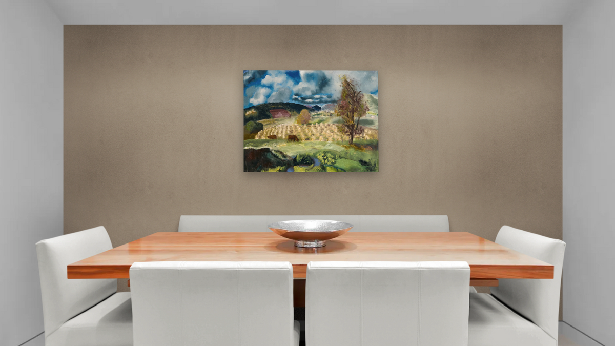 Cornfield and Harvest by George Wesley Bellows, shown at 32 × 40 in (81.3 × 101.6 cm) as gallery-wrapped canvas, dining