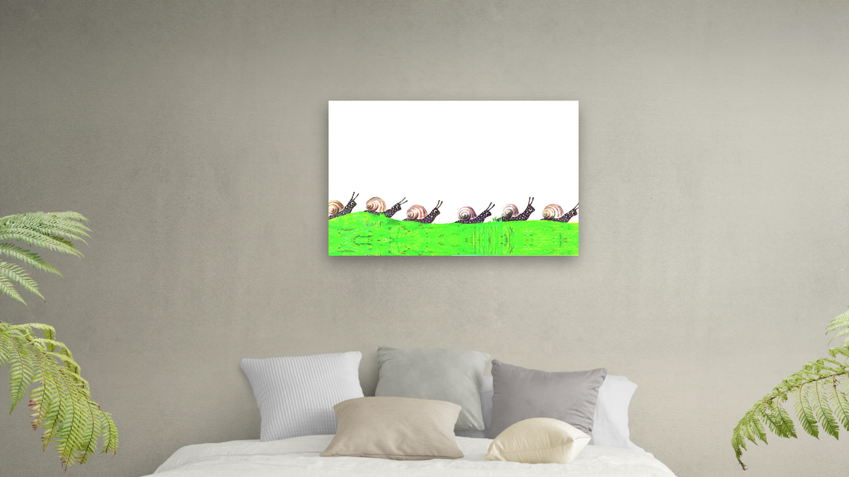 Biggest House In The World II by Leo Lionni, shown at 28 × 42 in (71.1 × 106.7 cm) as gallery-wrapped canvas, bedroom