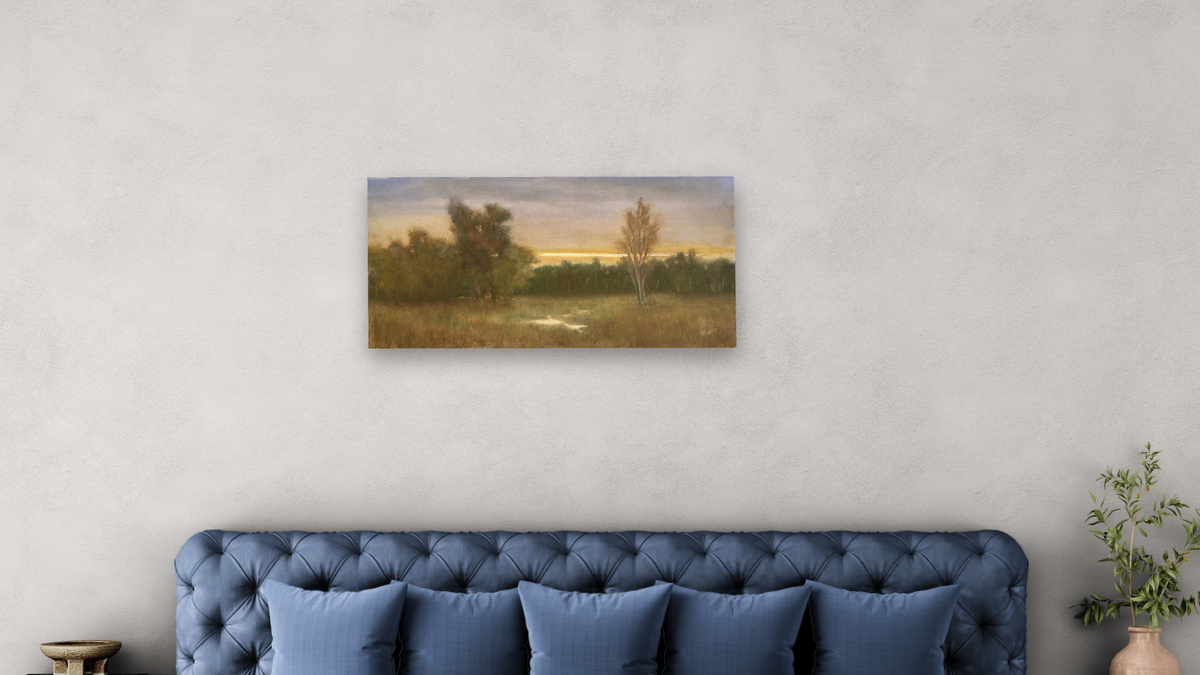 Breaking by Donald Darst, shown at 20 × 40 in (50.8 × 101.6 cm) as gallery-wrapped canvas, bedroom