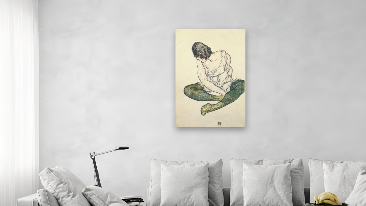 Seated Woman with Green Stockings by Egon Schiele, shown at 28 × 42 in (71.1 × 106.7 cm) as gallery-wrapped canvas, living