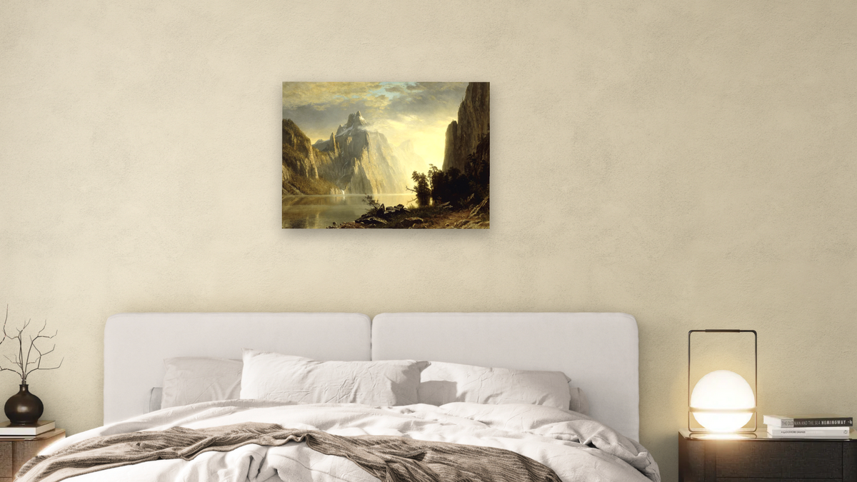 A Lake in the Sierra Nevada by Albert Bierstadt, shown at 30 × 40 in (76.2 × 101.6 cm) as gallery-wrapped canvas, bedroom