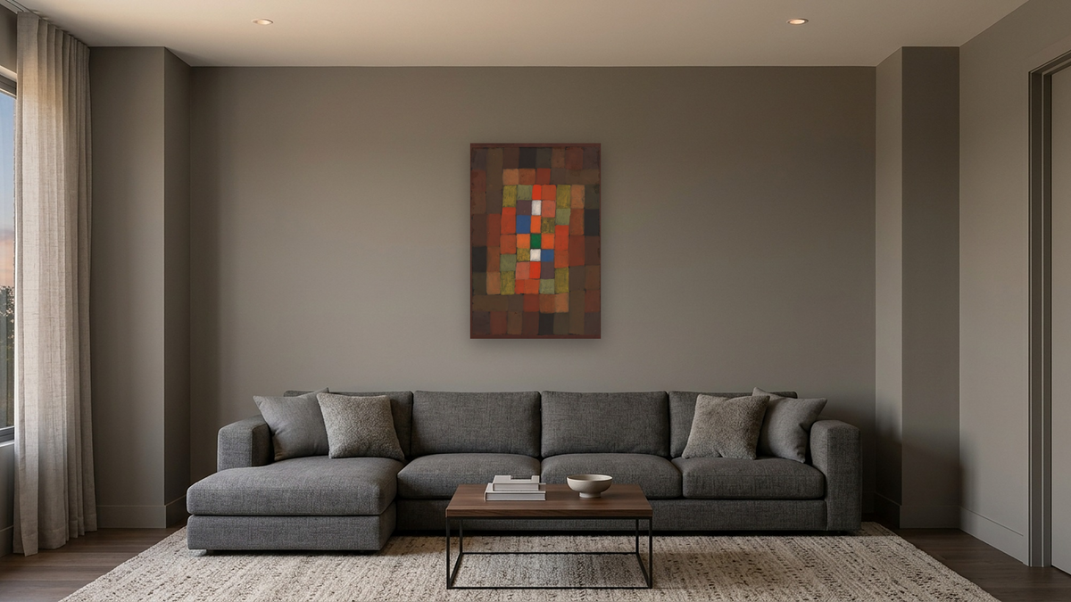 Static-Dynamic Gradation by Paul Klee, shown at 28 × 42 in (71.1 × 106.7 cm) as gallery-wrapped canvas, media room