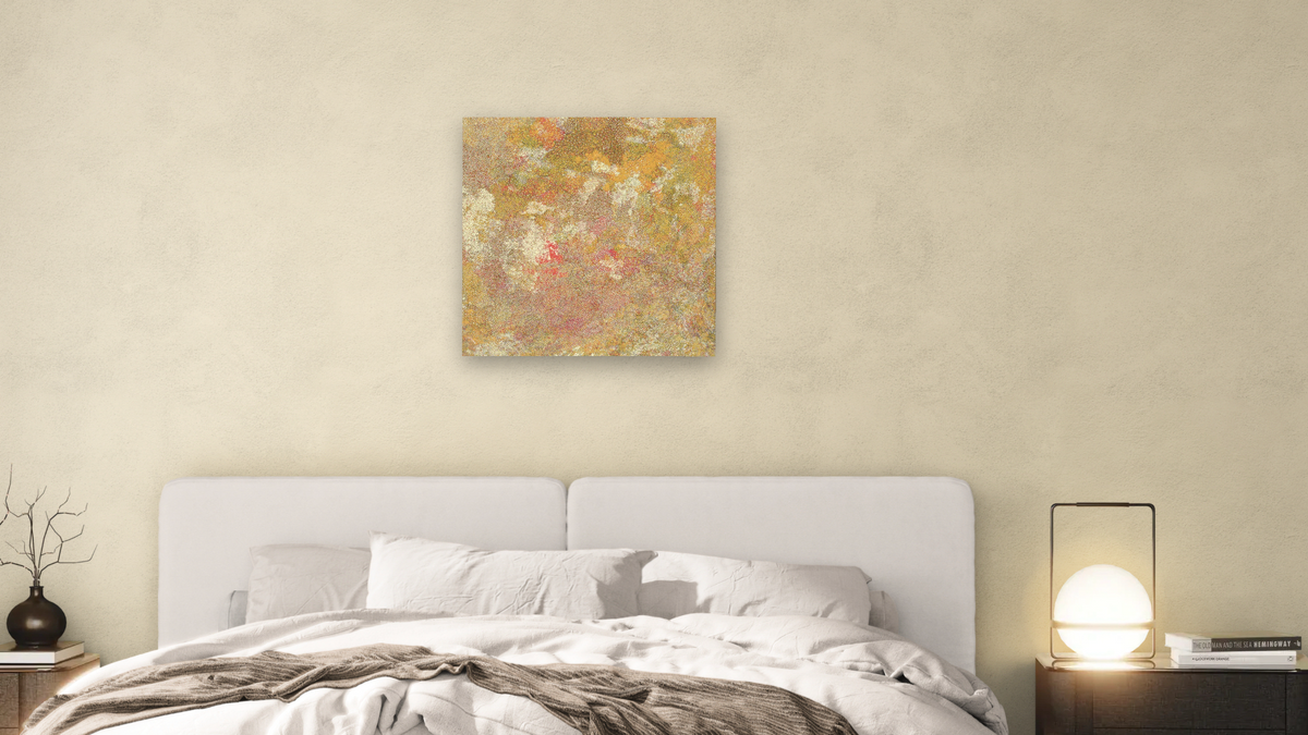 Bush Plum Country by Polly Ngale, shown at 32 × 32 in (81.3 × 81.3 cm) as gallery-wrapped canvas, bedroom