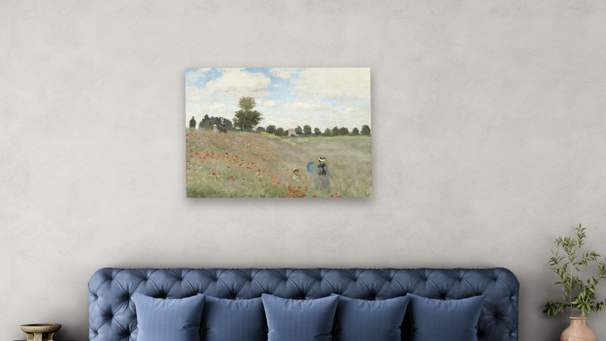 Wild Poppies Near Argenteuil by Claude Monet, shown at 30 × 40 in (76.2 × 101.6 cm) as gallery-wrapped canvas, bedroom
