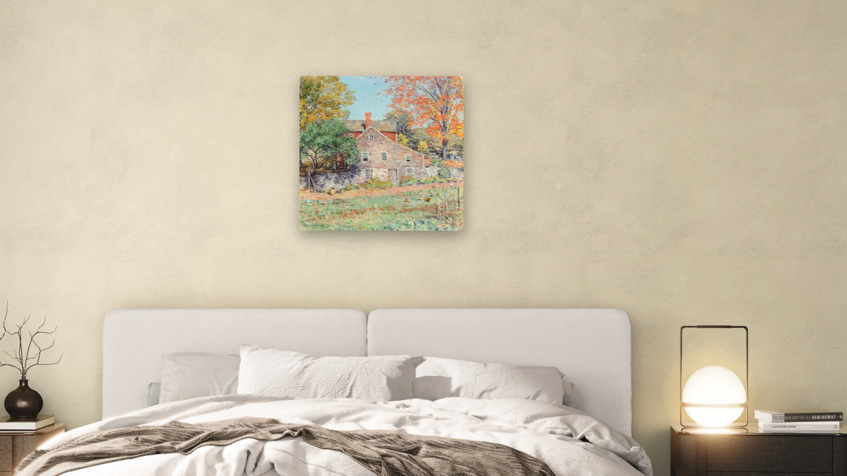Corner of the Garden by Willard LeRoy Metcalf, shown at 32 × 32 in (81.3 × 81.3 cm) as gallery-wrapped canvas, bedroom