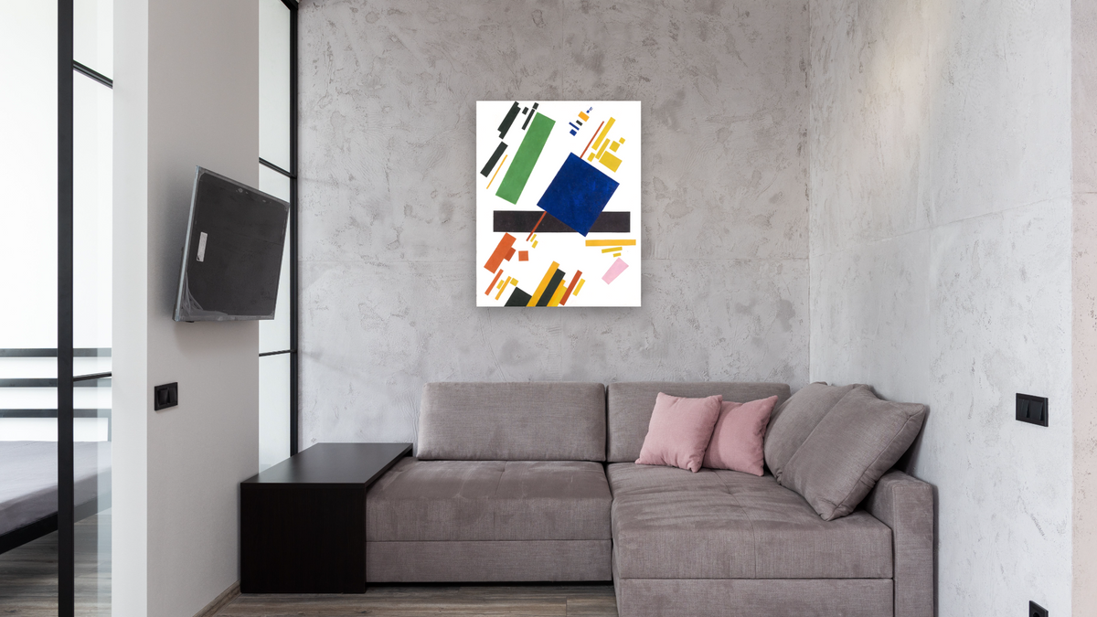 Suprematist Composition by Kazimir Malevich, shown at 32 × 40 in (81.3 × 101.6 cm) as gallery-wrapped canvas, media room