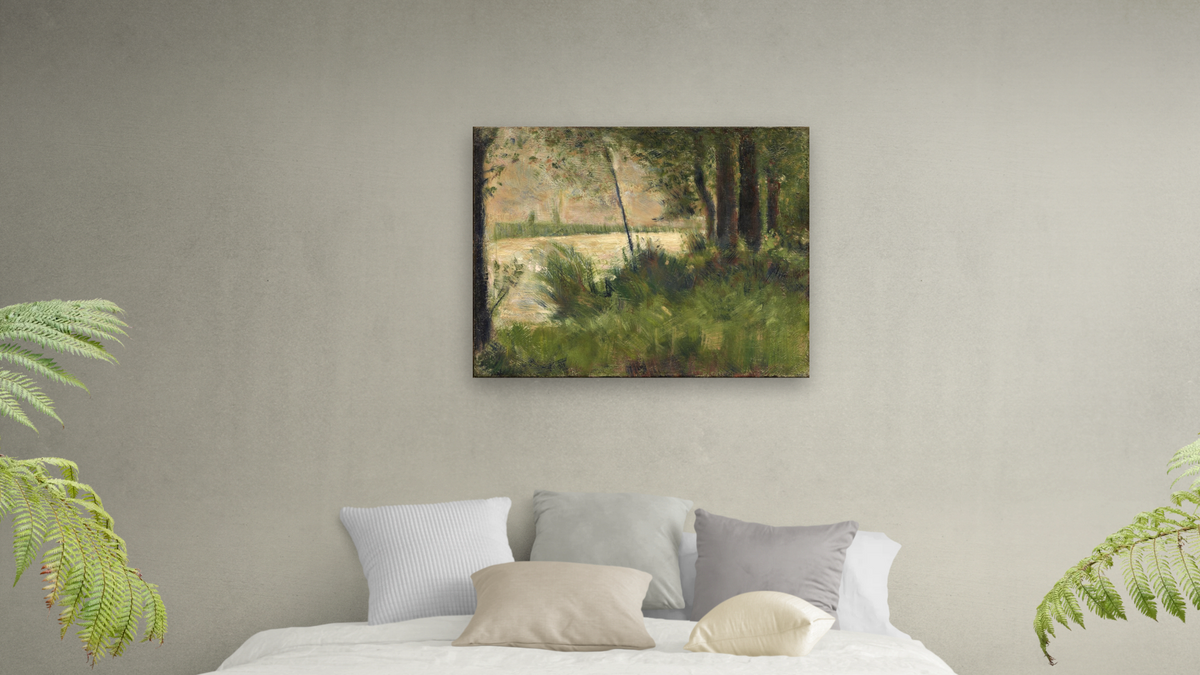 Grassy Riverbank by Georges Seurat, shown at 32 × 40 in (81.3 × 101.6 cm) as gallery-wrapped canvas, bedroom