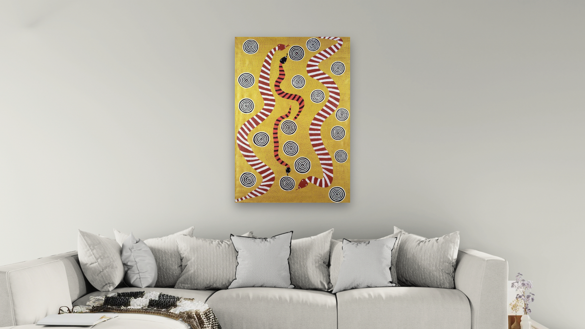Snake Dreaming by Billy Stockman Tjapaltjarri, shown at 28 × 42 in (71.1 × 106.7 cm) as gallery-wrapped canvas, living