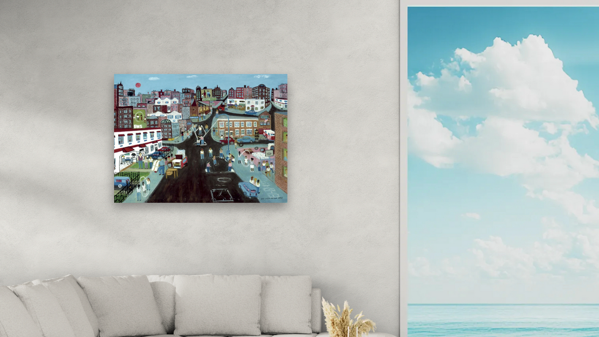 South Bronx Rebirth by Ralph Fasanella, shown at 30 × 40 in (76.2 × 101.6 cm) as gallery-wrapped canvas, living