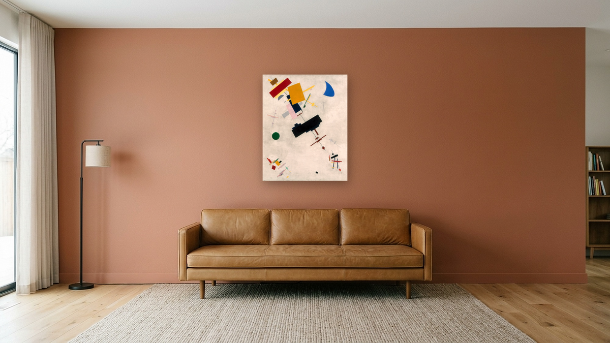 Suprematism by Kazimir Malevich, shown at 32 × 40 in (81.3 × 101.6 cm) as gallery-wrapped canvas, media room