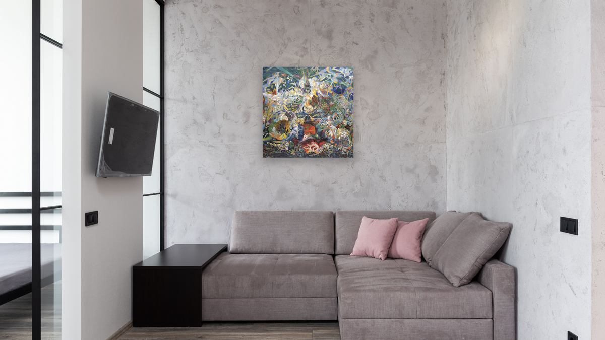 Battle of Lights, Coney Island, Mardi Gras by Joseph Stella, shown at 32 × 32 in (81.3 × 81.3 cm) as gallery-wrapped canvas, media room