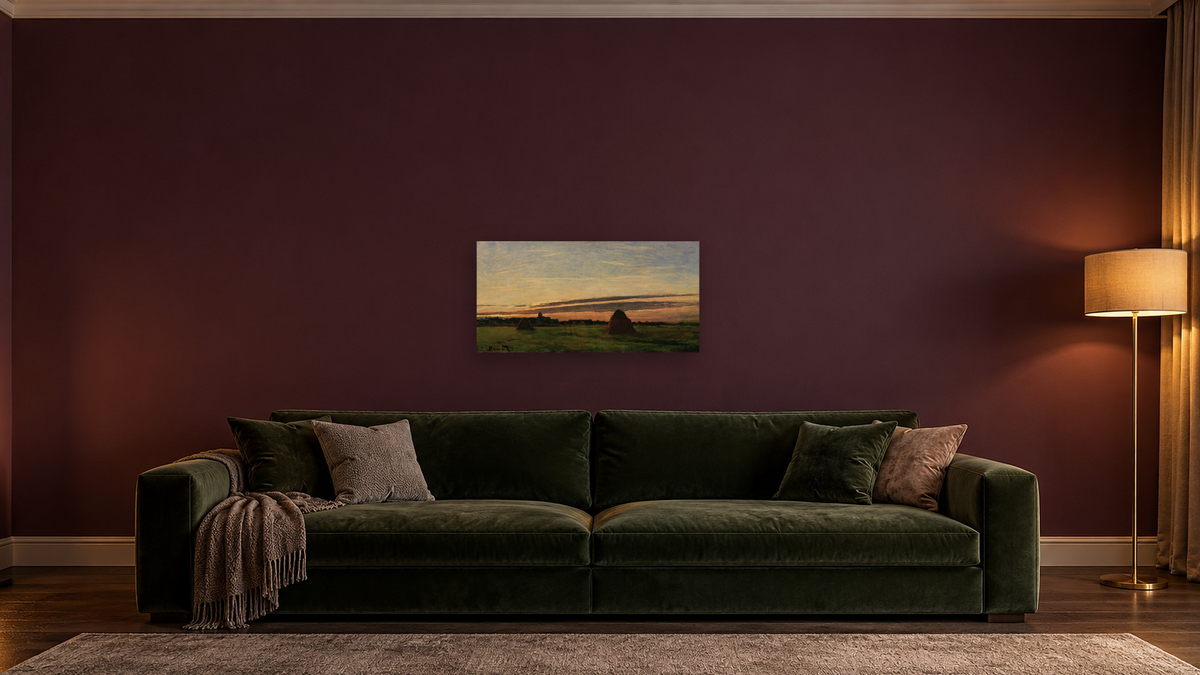 Haystacks at Chailly by Claude Monet, shown at 20 × 40 in (50.8 × 101.6 cm) as gallery-wrapped canvas, den