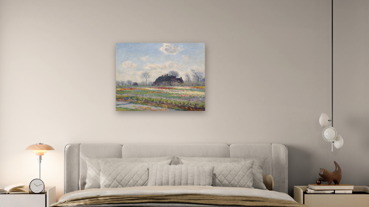 Tulip Fields at Sassenheim, 1886 by Claude Monet, shown at 32 × 40 in (81.3 × 101.6 cm) as gallery-wrapped canvas, bedroom