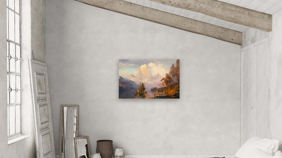 Rocky Mountains by Albert Bierstadt, shown at 28 × 42 in (71.1 × 106.7 cm) as gallery-wrapped canvas, bedroom