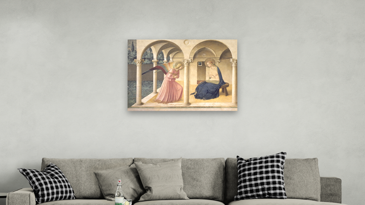 The Annunciation by Fra Angelico, shown at 30 × 40 in (76.2 × 101.6 cm) as gallery-wrapped canvas, living